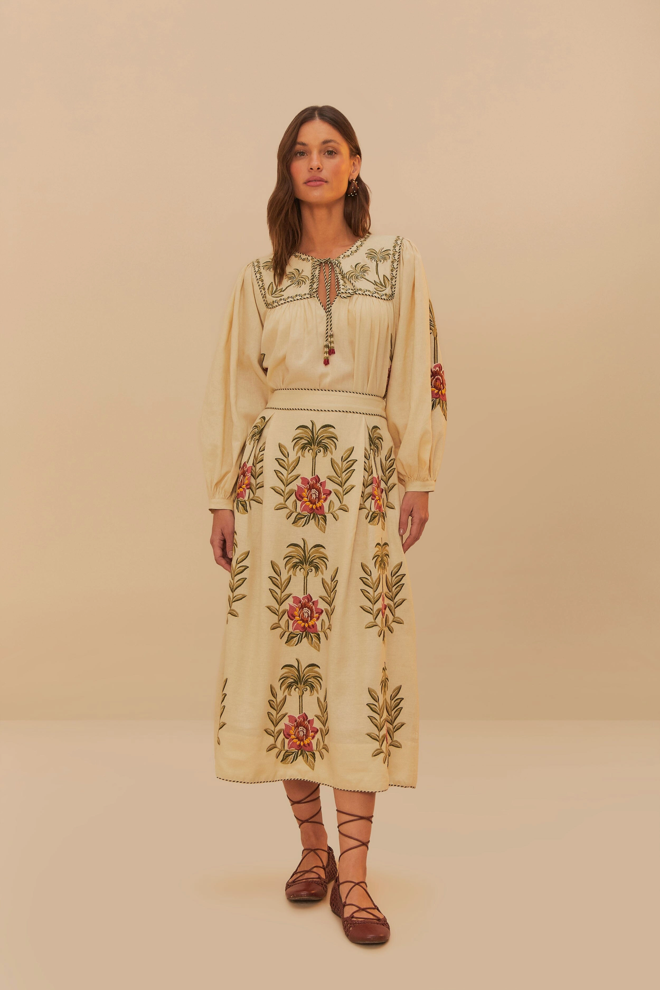 Tropical Flower Embroidered Sand Maxi Skirt Rolled Hem