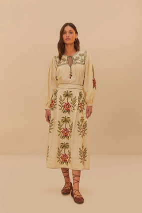 Tropical Flower Embroidered Sand Maxi Skirt Rolled Hem
