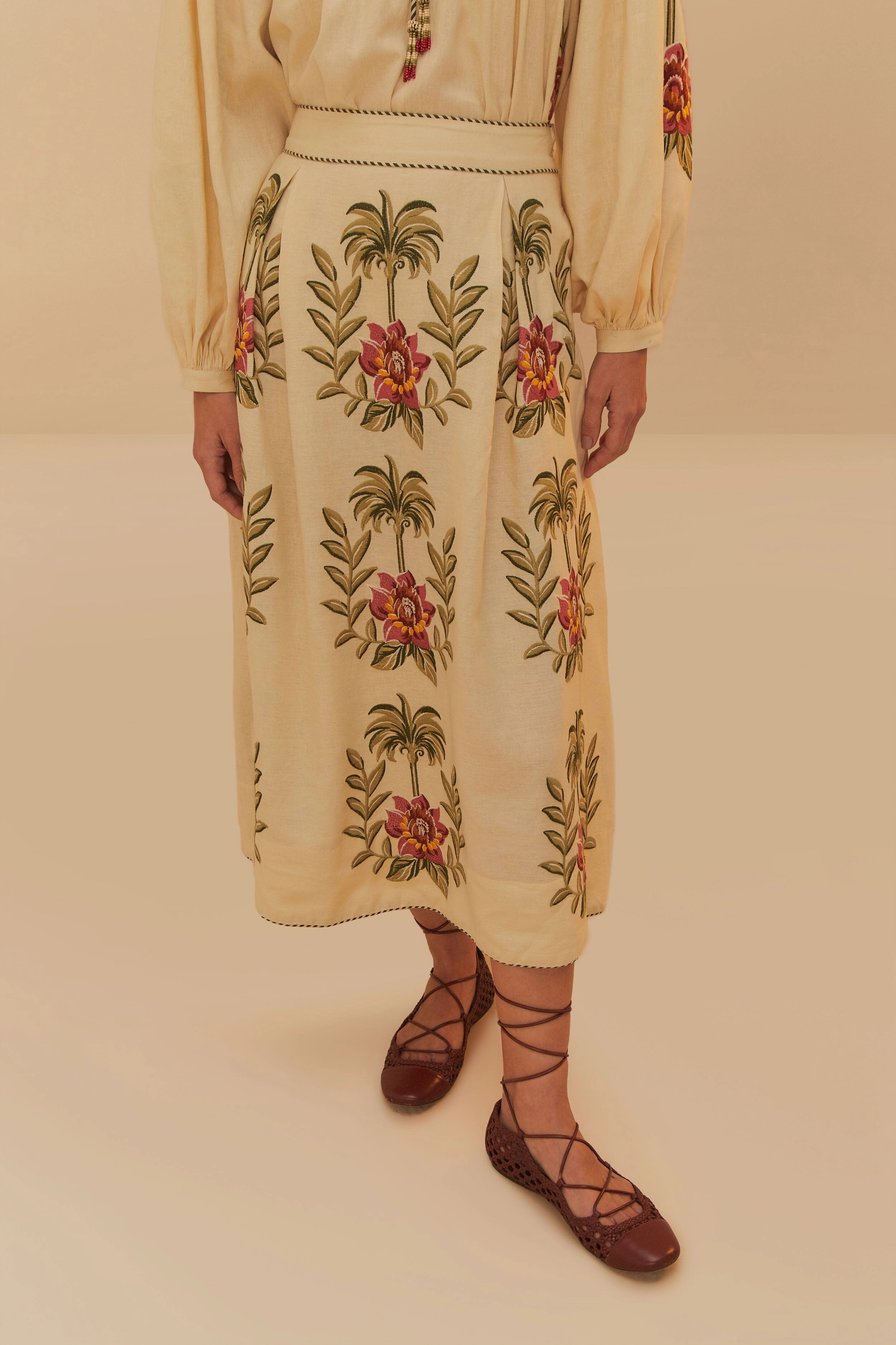 Geometric Print Breathable Material Tropical Flower Embroidered Sand Maxi Skirt