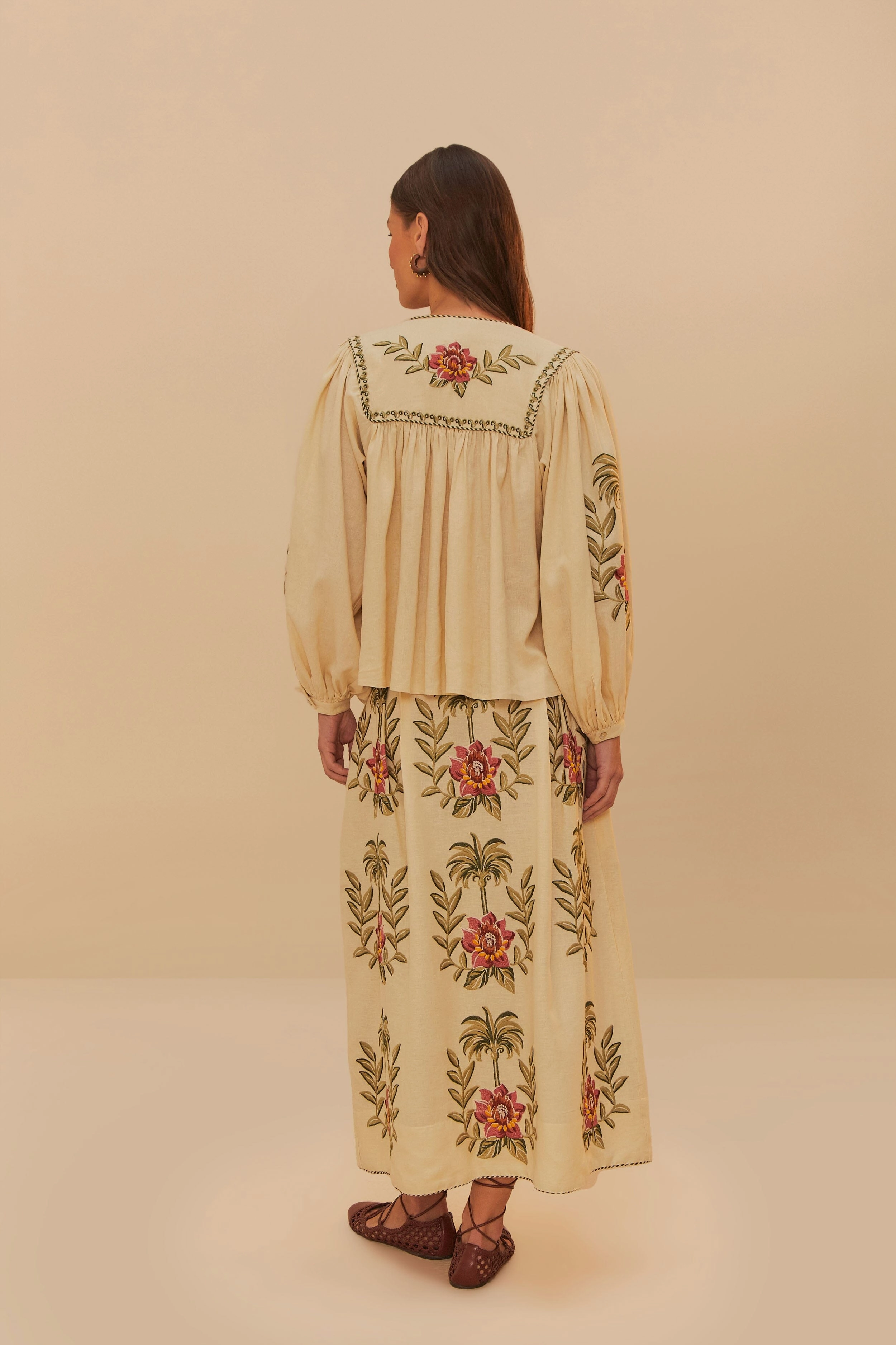 Tropical Flower Embroidered Sand Maxi Skirt High Rise