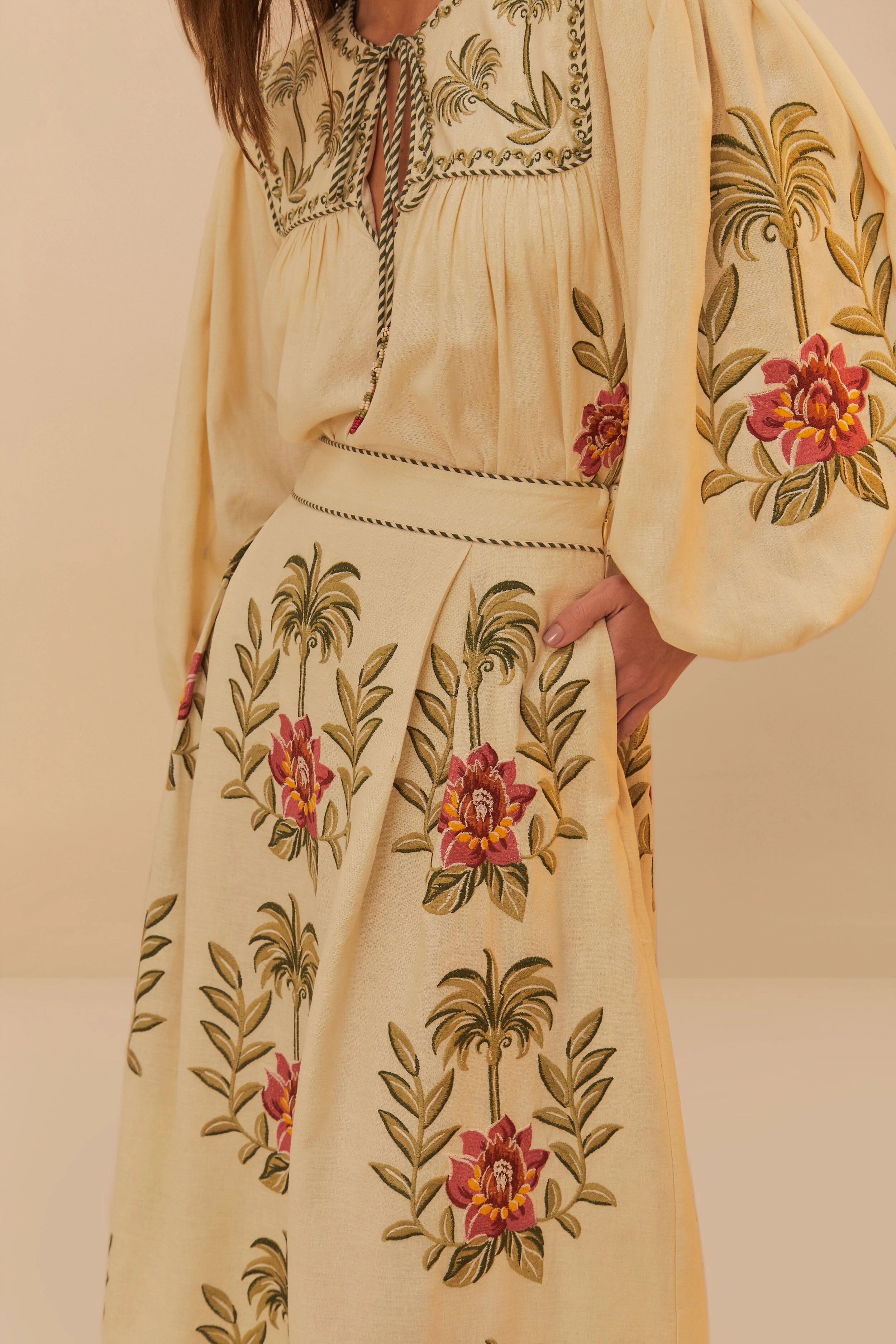 Tropical Flower Embroidered Sand Maxi Skirt Recycled Polyester Chic Tones