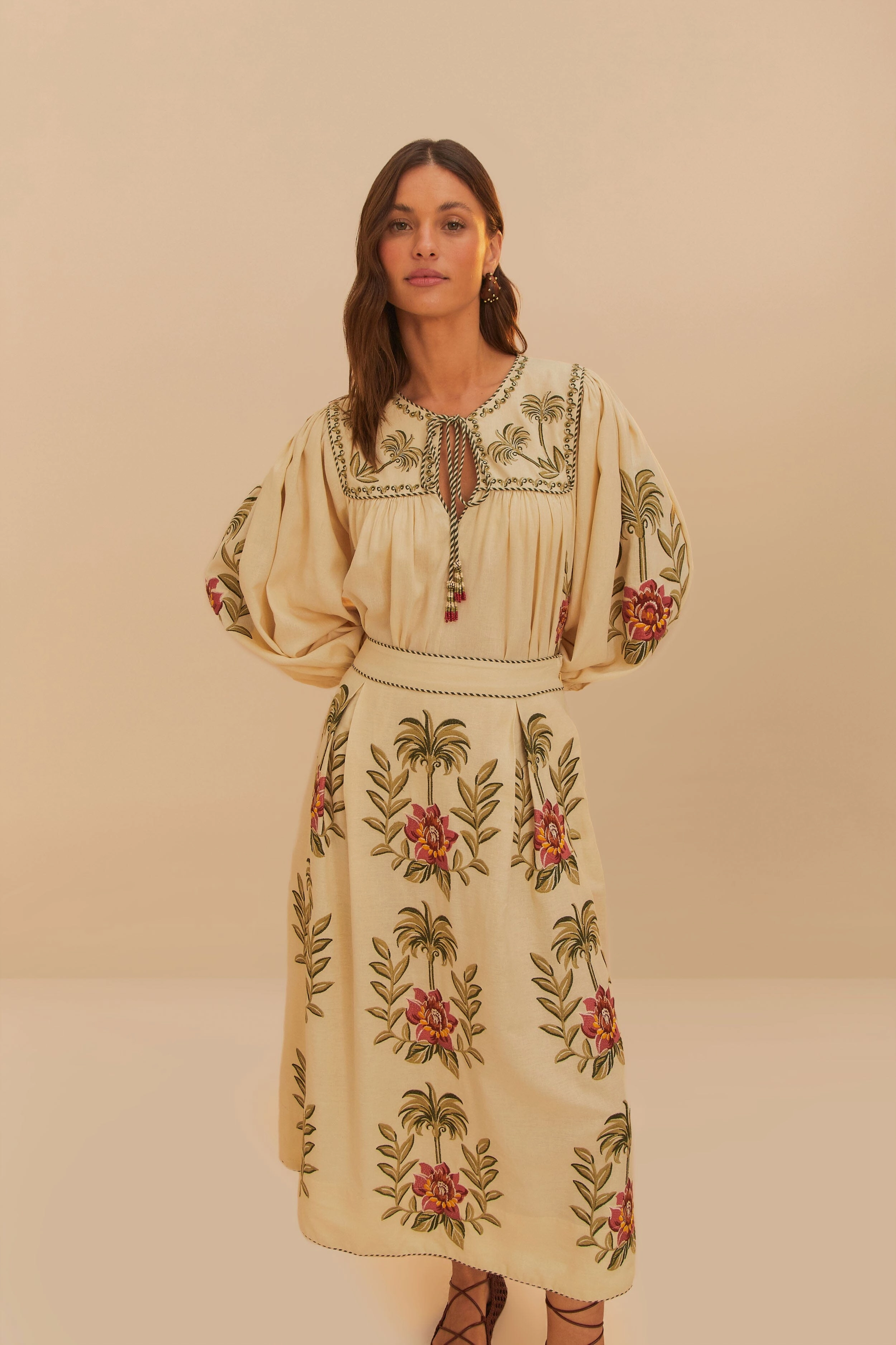 Street Style Cozy Feel Tropical Flower Embroidered Sand Maxi Skirt