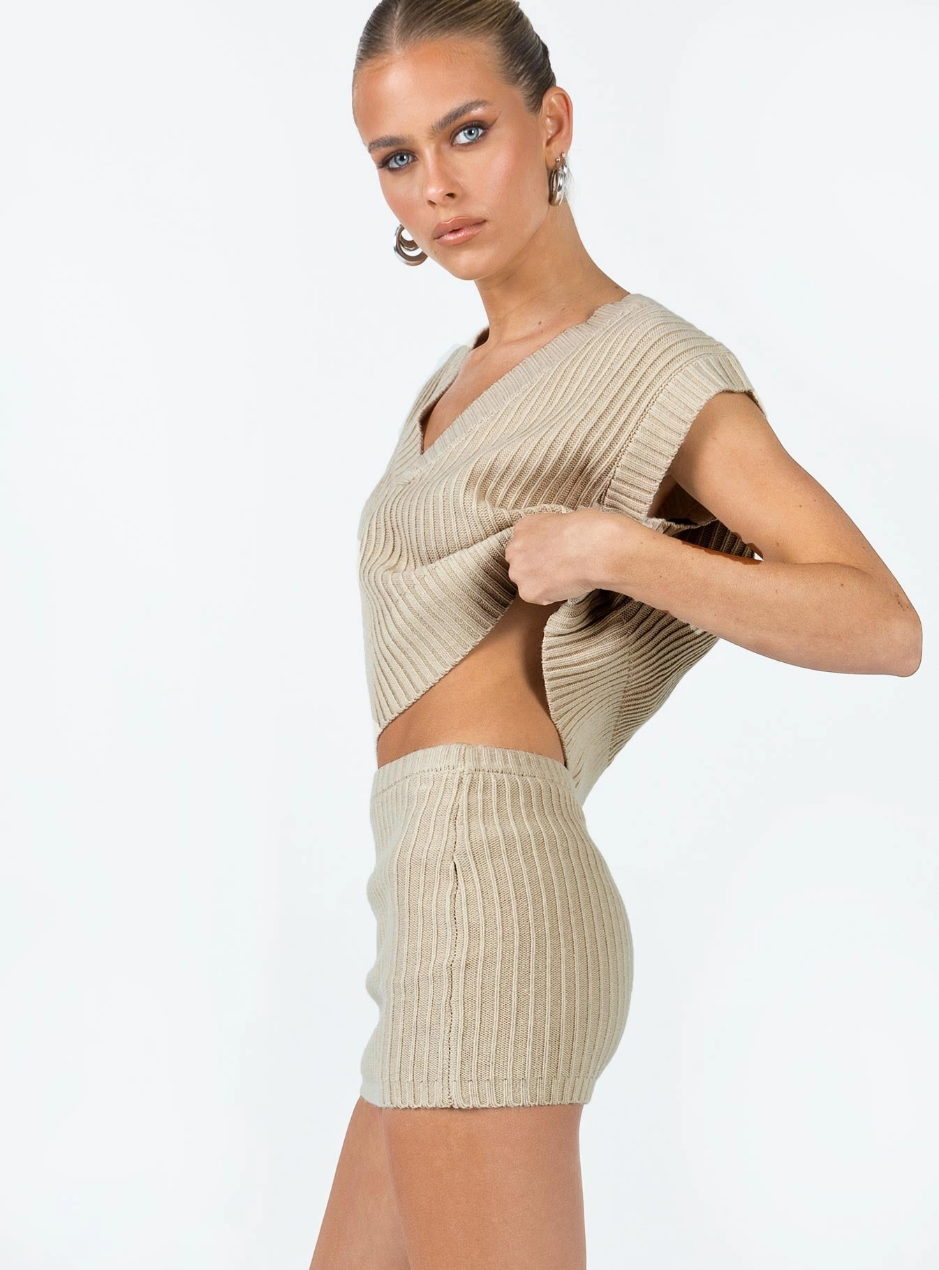 Affordable Fashion City Wear Saddle Knit Mini Skirt Beige