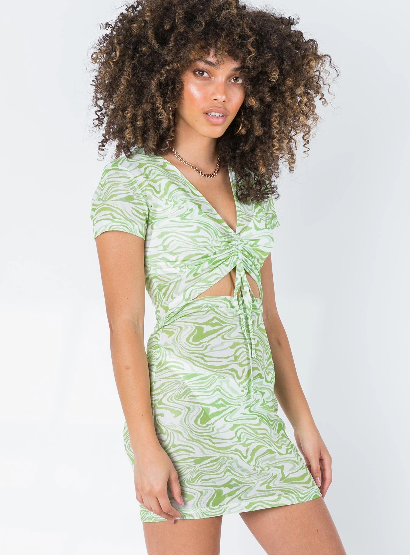 Flowing Layers Clean Fit TWIIN Glitch Mesh Mini Dress Multi Green