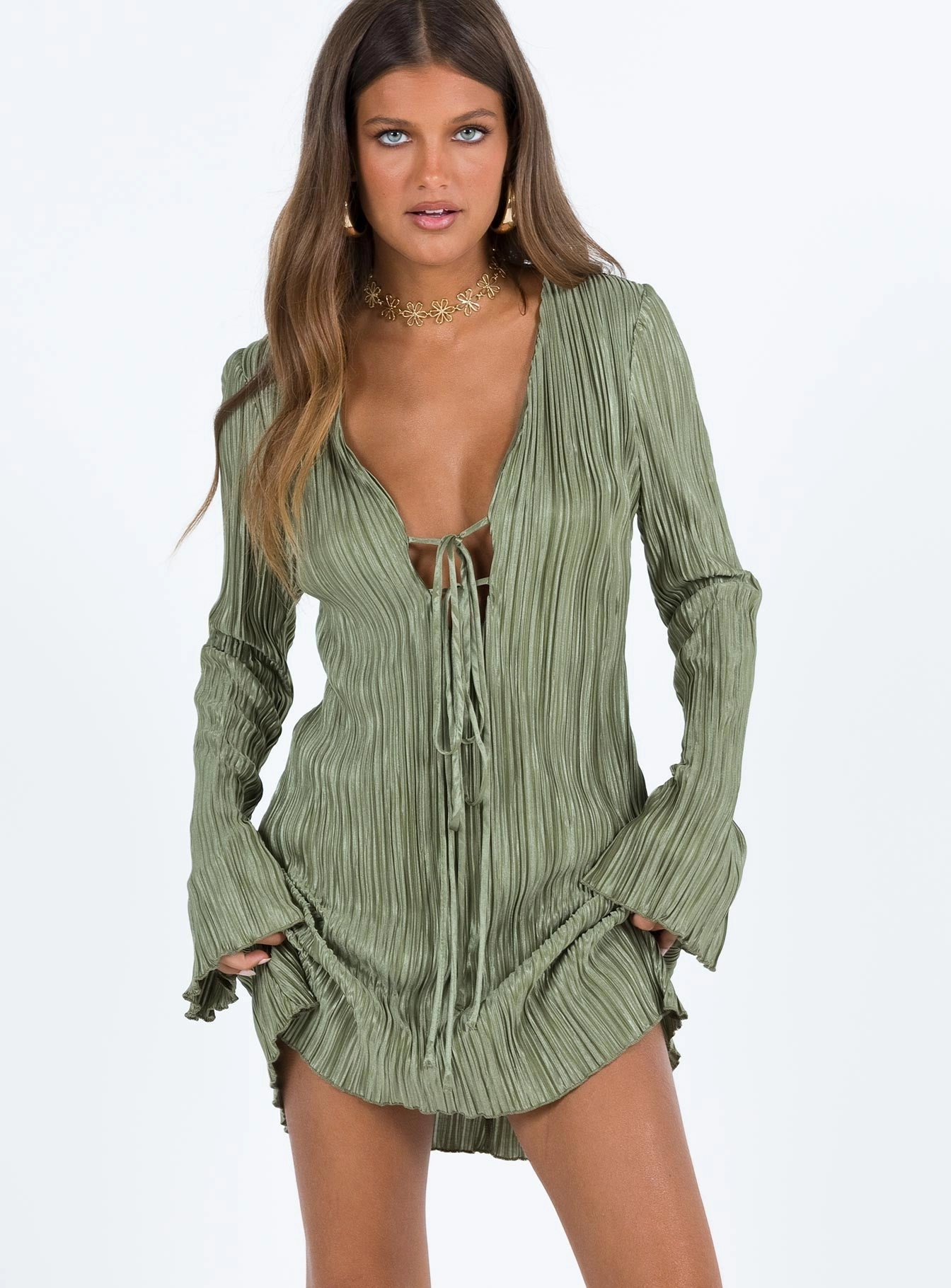 Chic Spirit Malop Long Sleeve Mini Dress Sage