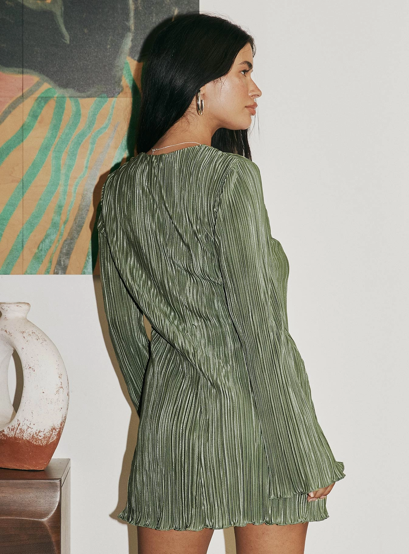 Front-Pocket Casual Style Malop Long Sleeve Mini Dress Sage