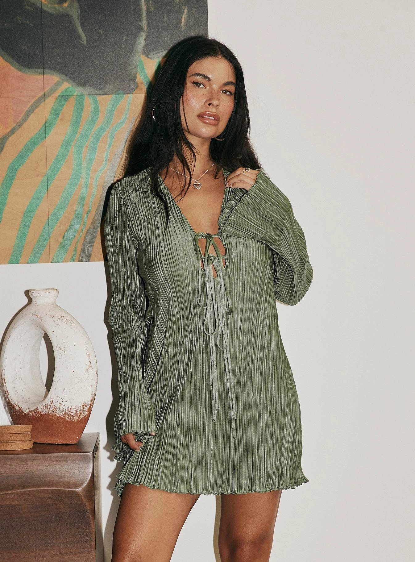 Malop Long Sleeve Mini Dress Sage warm tones