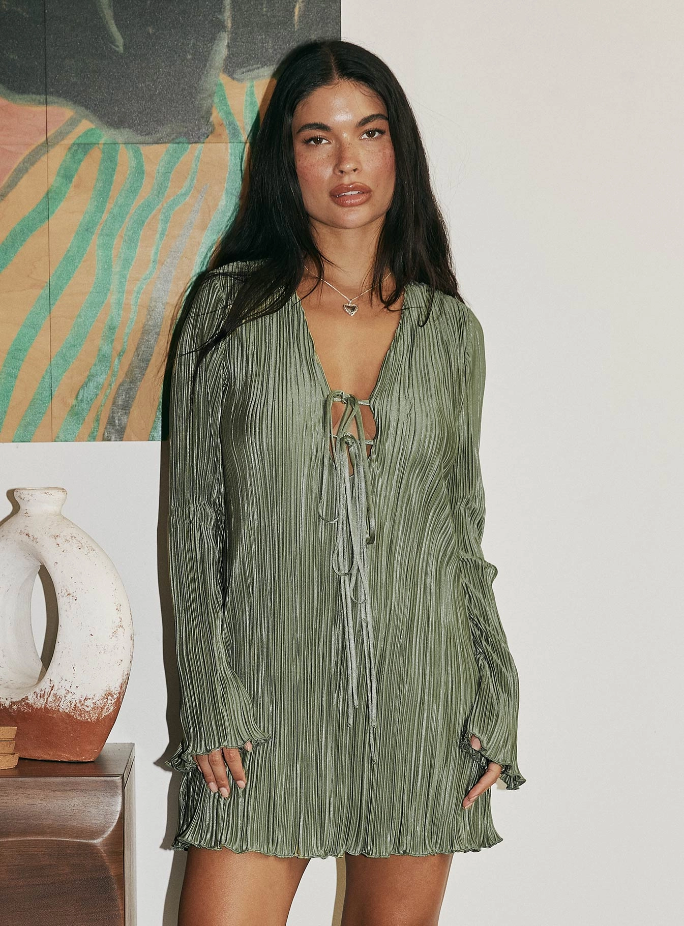 Compressible Malop Long Sleeve Mini Dress Sage