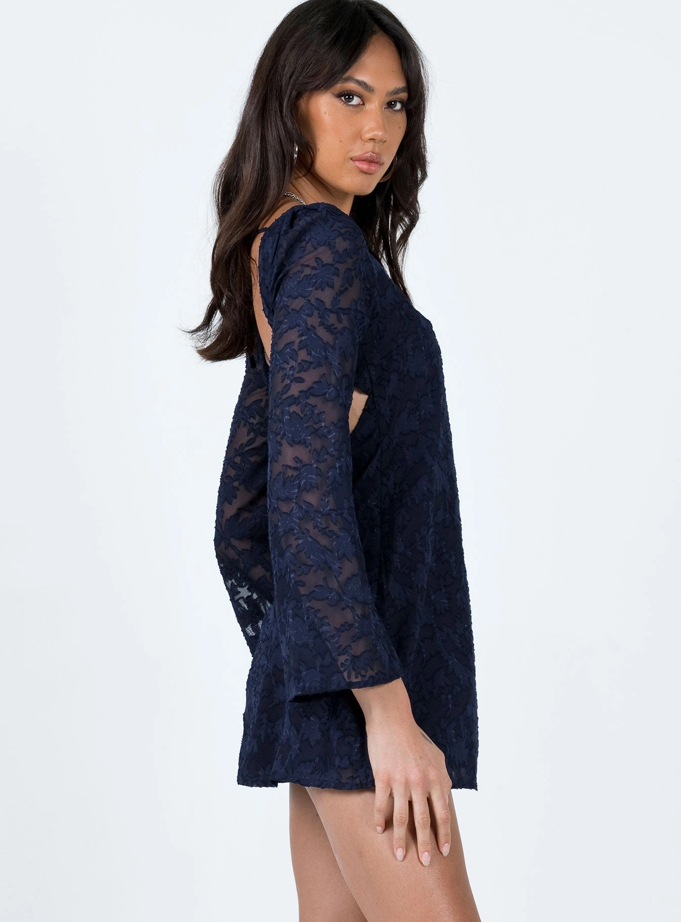 Eryn Long Sleeve Mini Dress Navy Cool Comfort Lace Accent