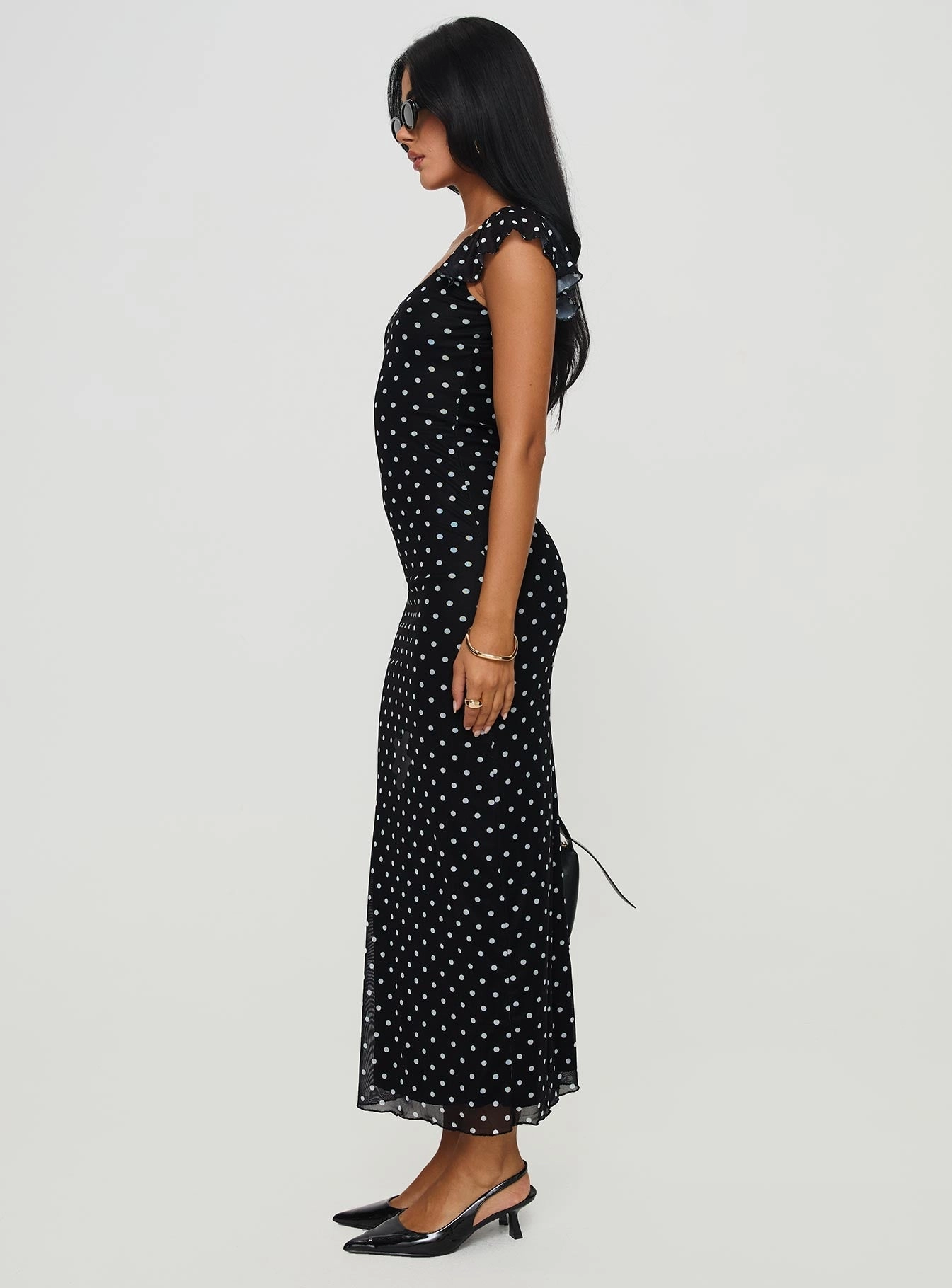 Sandberg Maxi Dress Black Polka Dot button detail Contemporary Style