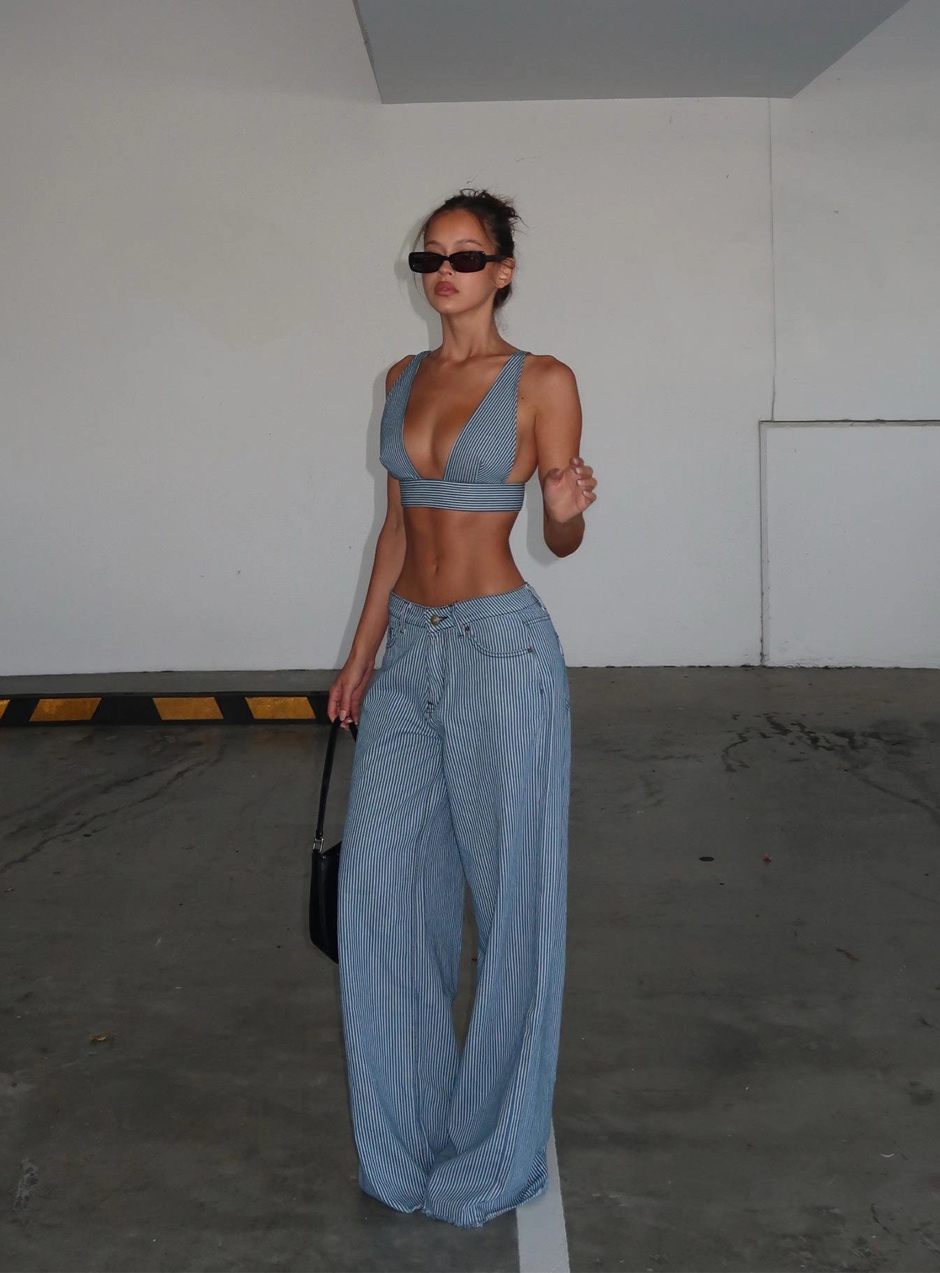 Brushed Interior Daily Clothing Eivissa Baggy Jeans Blue Denim Stripe