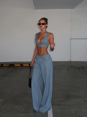 Brushed Interior Daily Clothing Eivissa Baggy Jeans Blue Denim Stripe