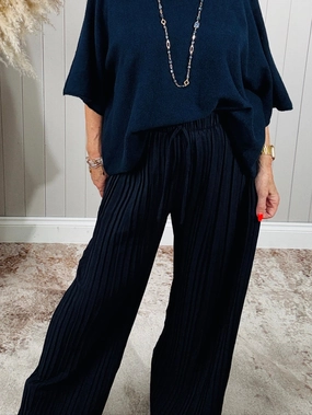 Polly Pleat Trousers Navy Snag Resistant Fabric