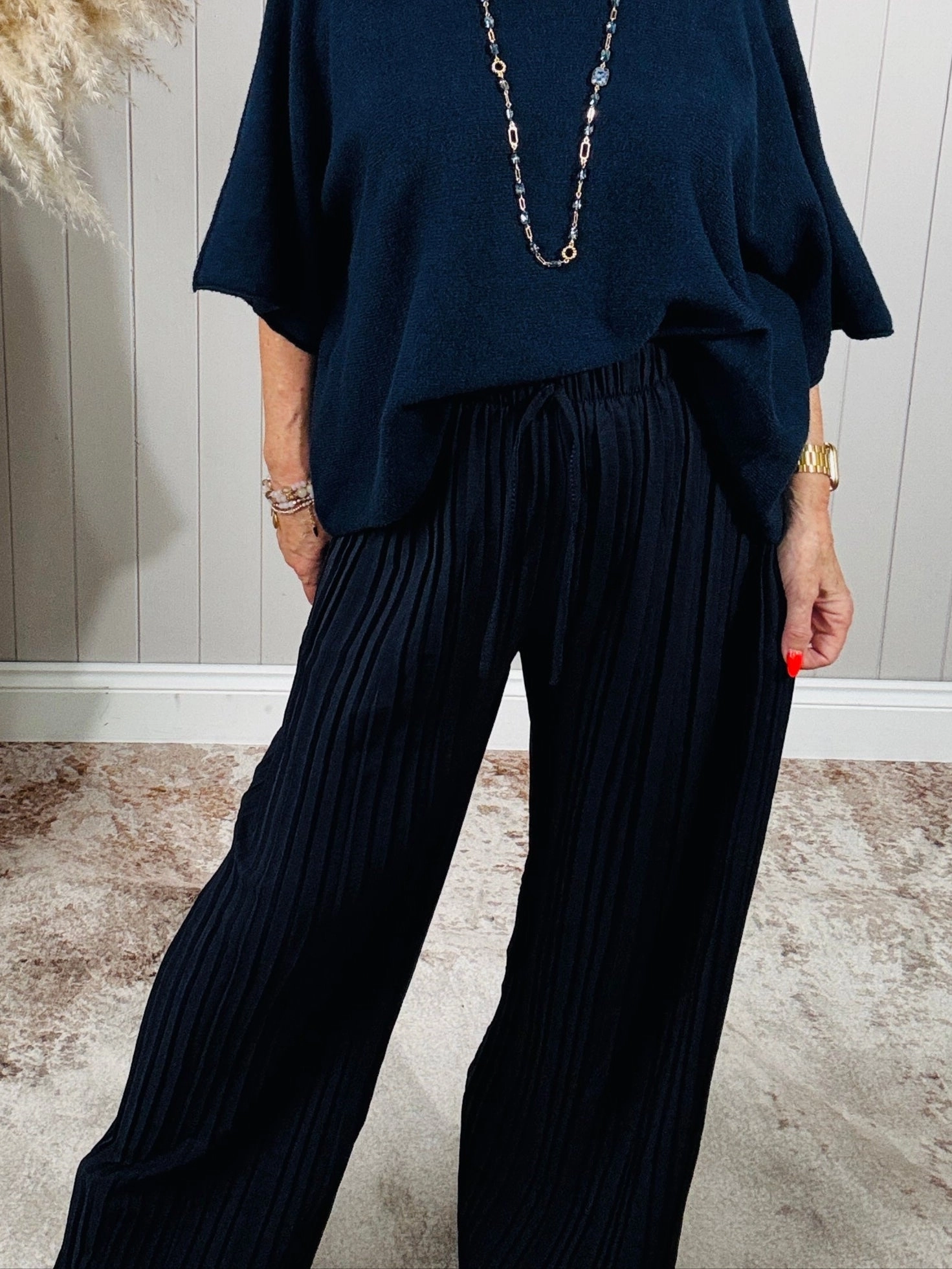 Polly Pleat Trousers Navy Snag Resistant Fabric