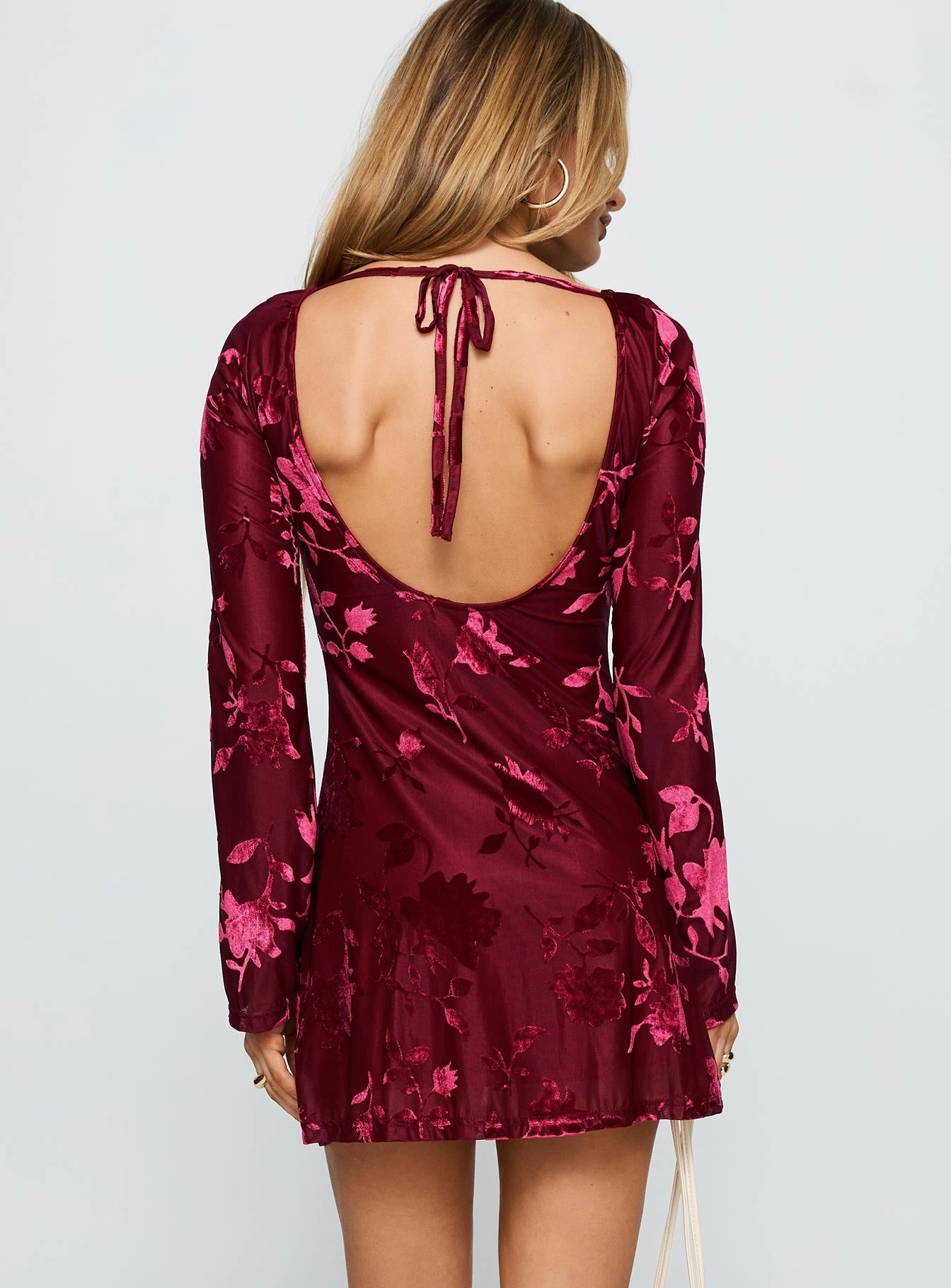 Mini-Length Lukea Long Sleeve Mini Dress Burgundy Burnout