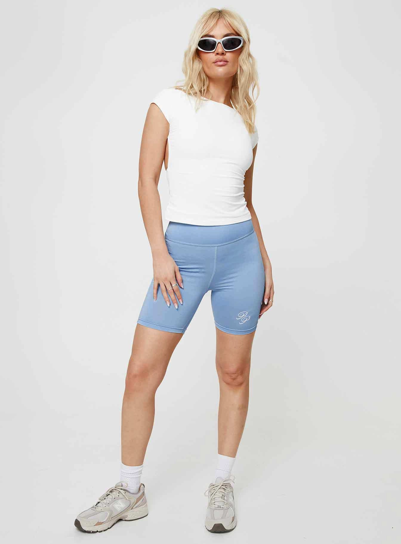 Princess Polly Bike Shorts Cursive Text Pale Blue/ Eggshell Minimal Comfort Tailored Fit