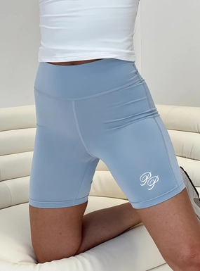 Glide On Mobility Cut Recycled Polyester Blend Princess Polly Bike Shorts Cursive Text Pale Blue/ Eggshell