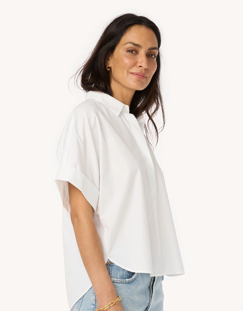 Layered Hemline unsubscribed poplin short sleeve button down shirt
