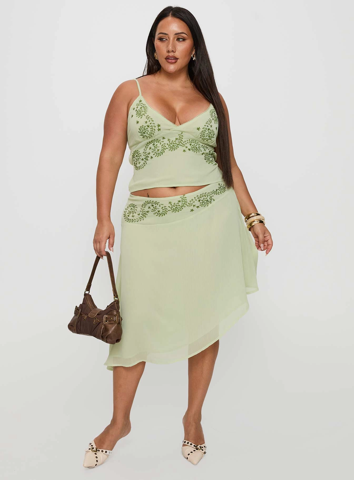 Tea length Pappilion Asymmetrical Midi Skirt Sage Curve