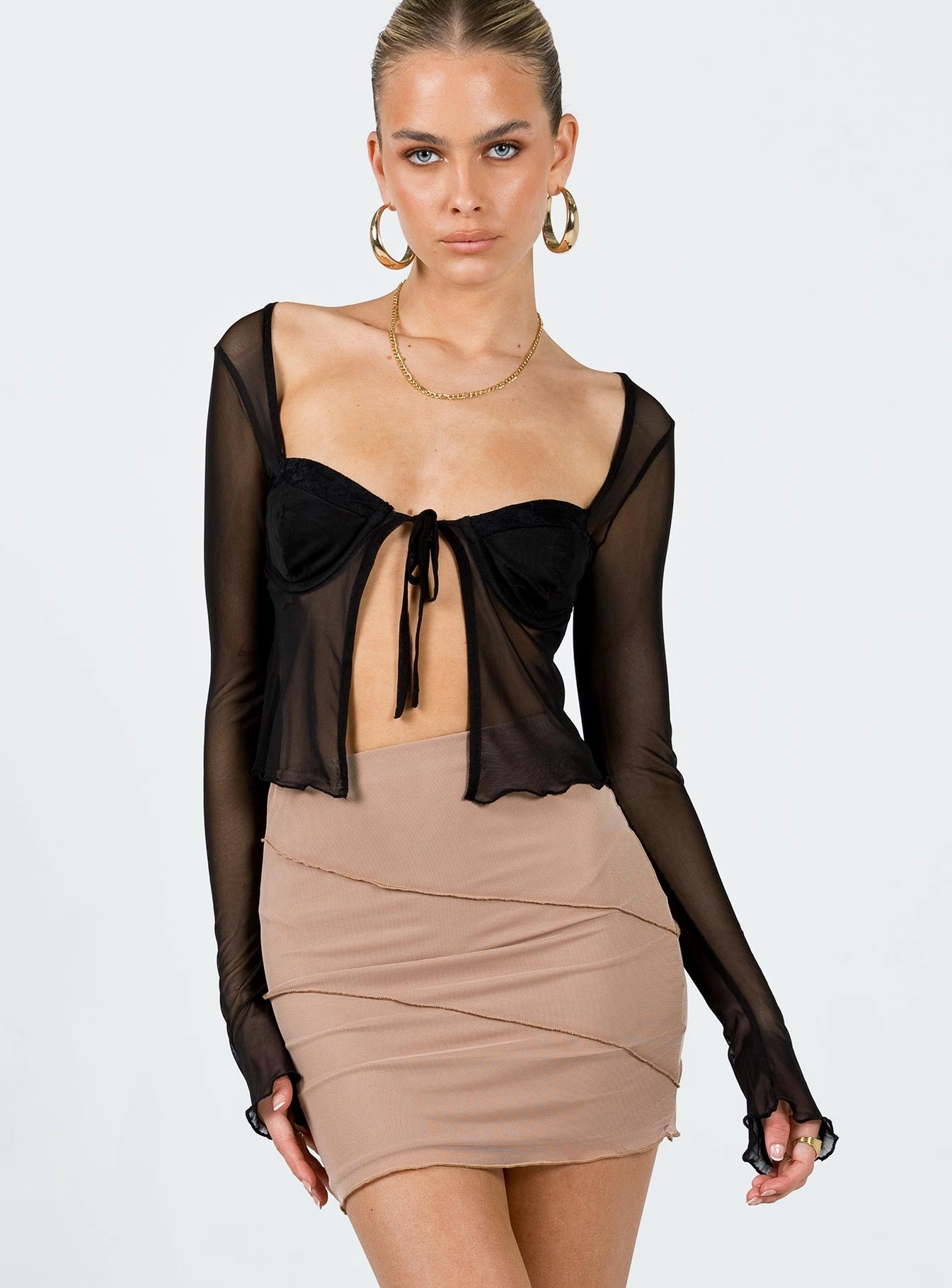 Oscar Mesh Mini Skirt Beige Outfit Display Artisan Print