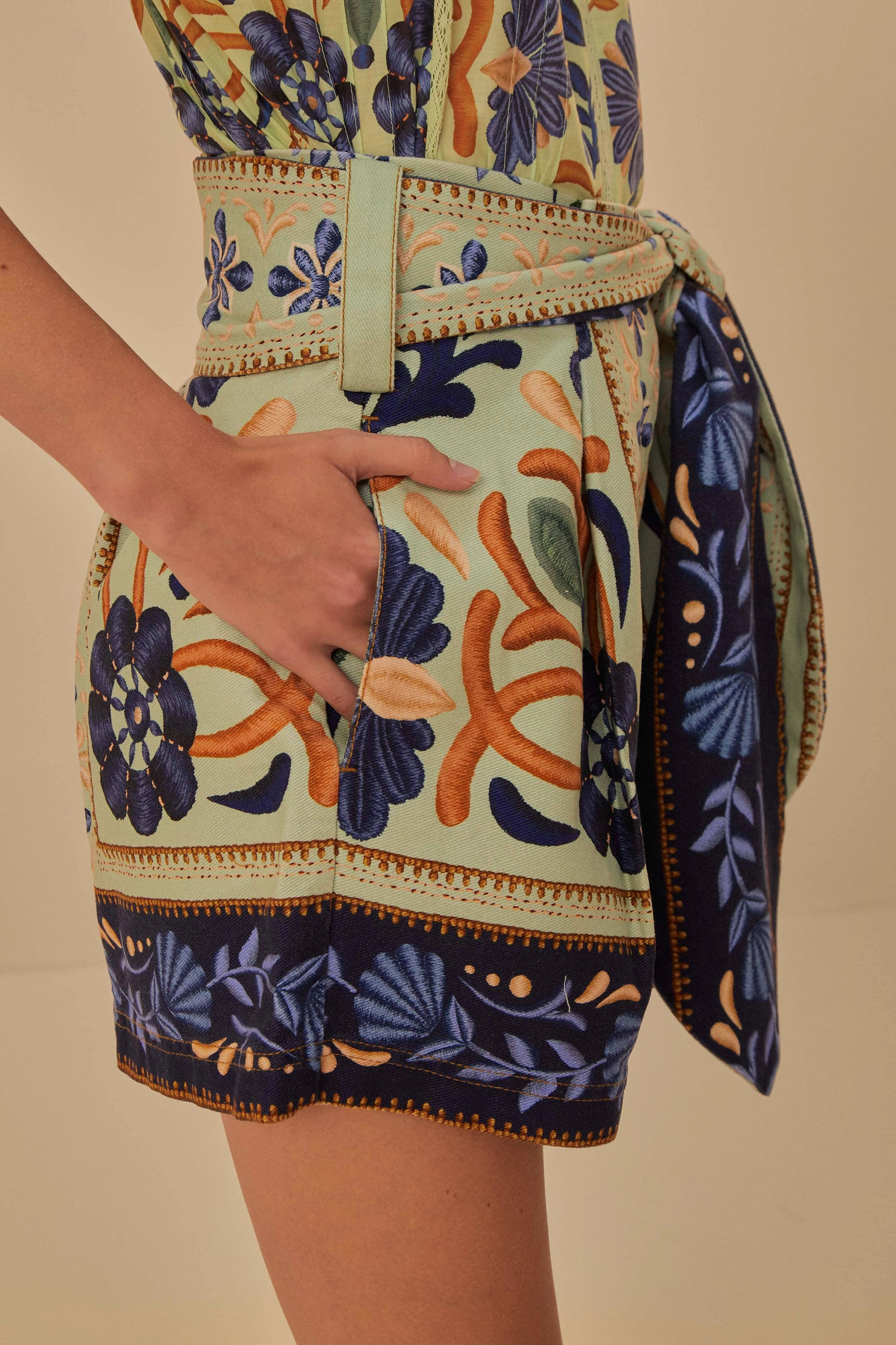 Ocean Tapestry Green Short Festival wear Breathable Waistband