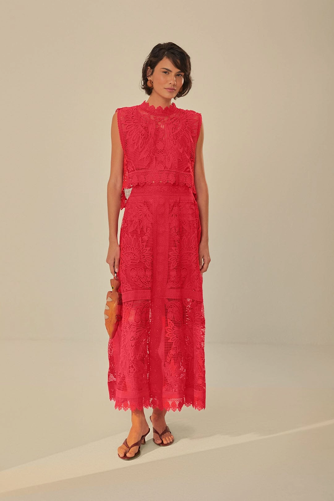 Red Toucan Guipure Midi Skirt Washable fabric