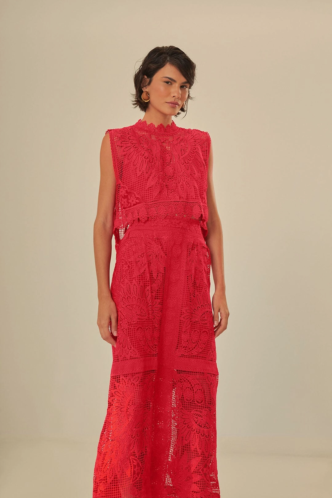 Exclusive Drop Adjustable Ties Red Toucan Guipure Midi Skirt