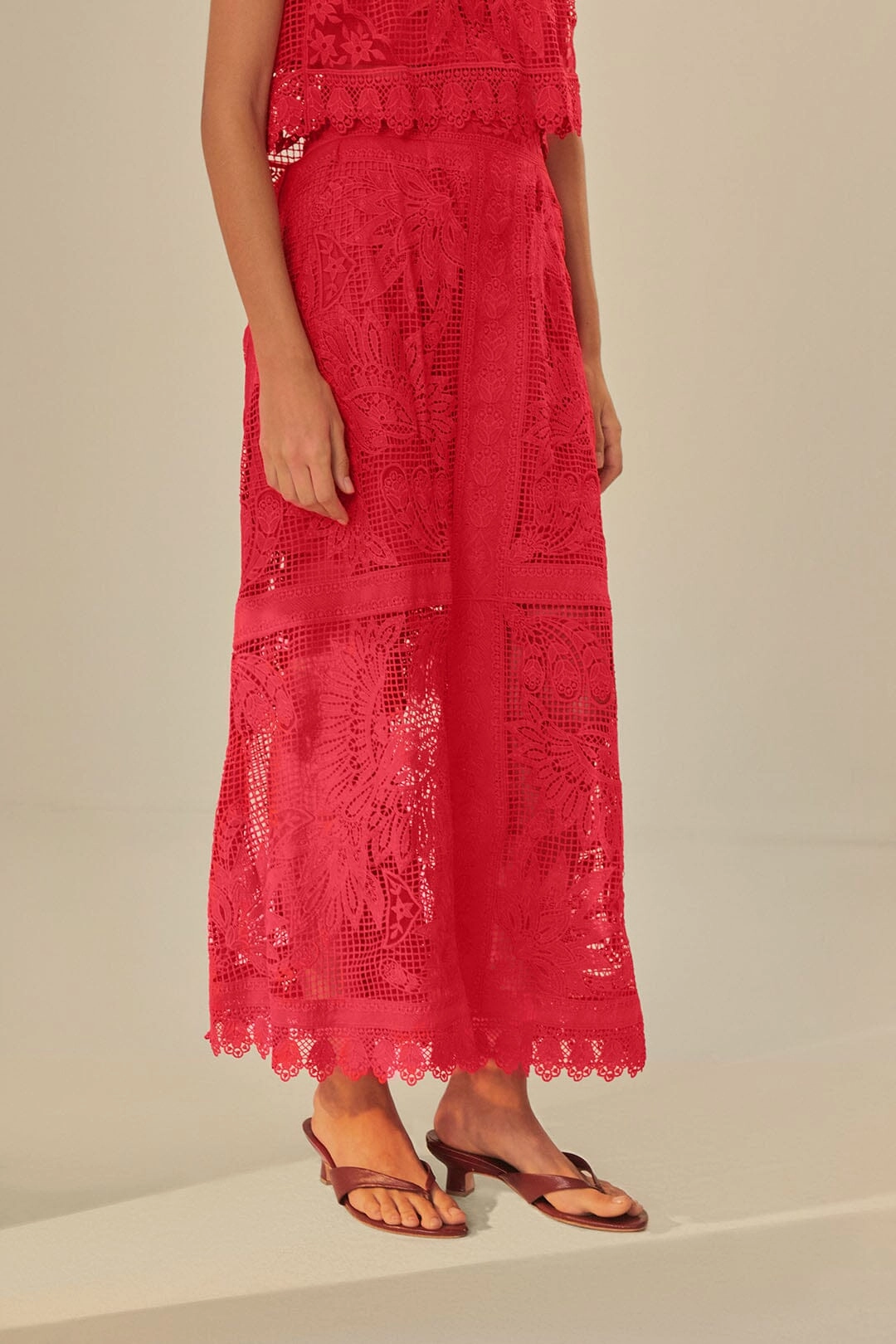 Red Toucan Guipure Midi Skirt Tiered hem All Occasion