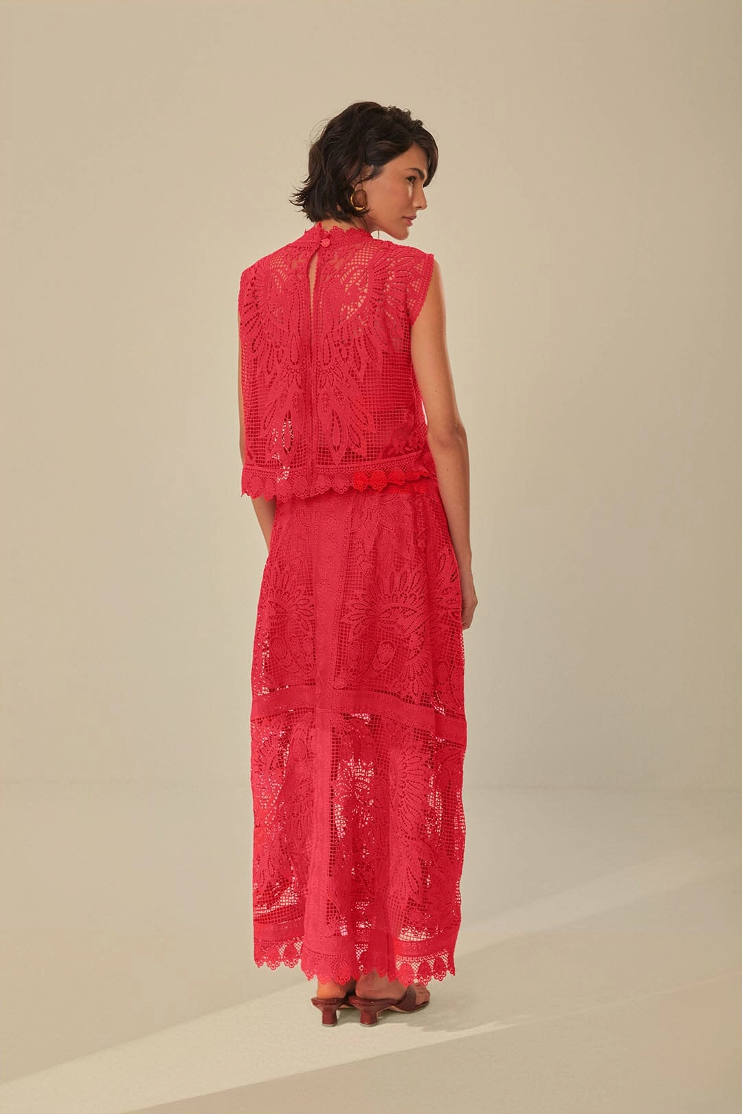 Versatile Outfit Red Toucan Guipure Midi Skirt