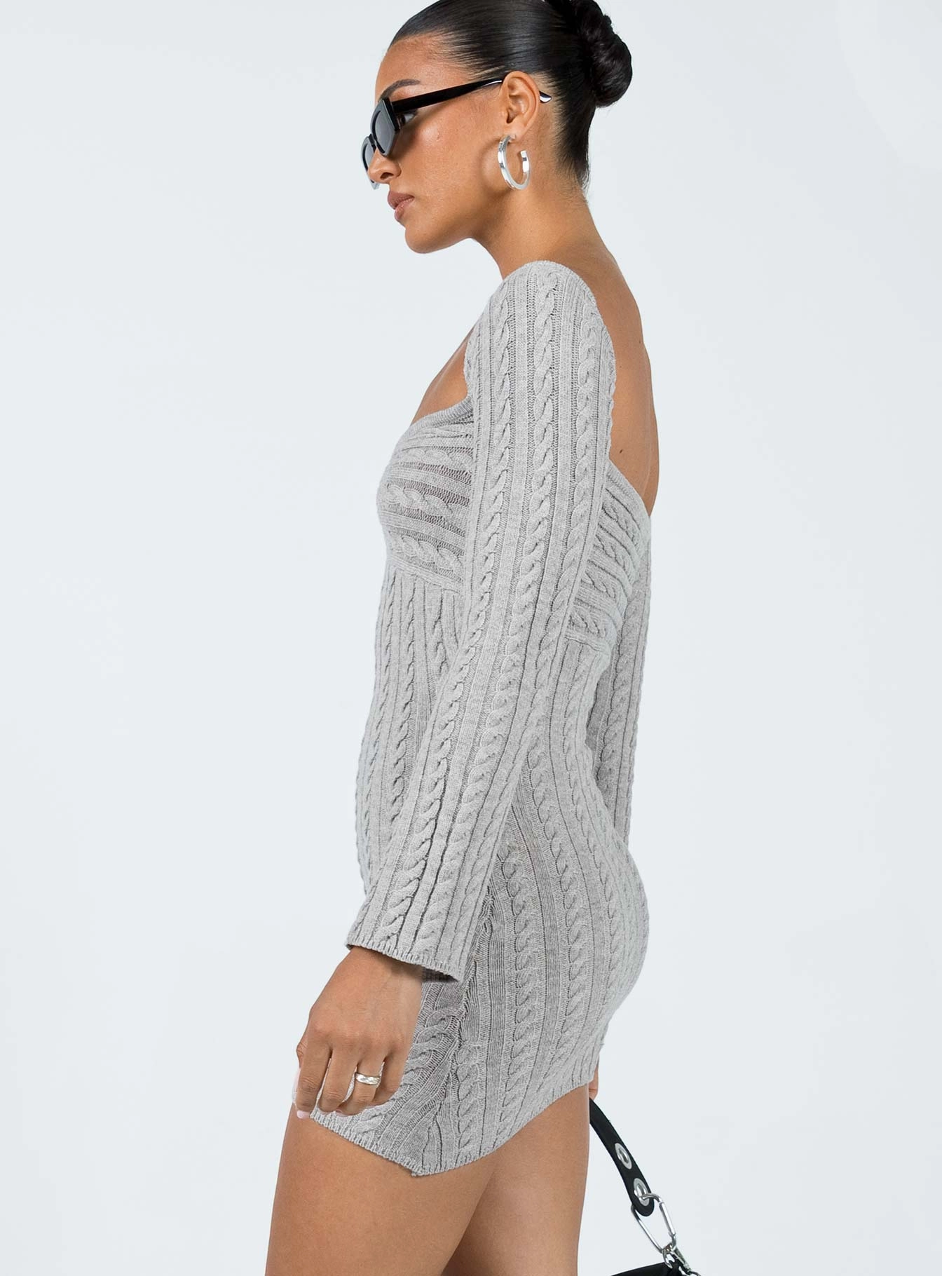 Bayard Off The Shoulder Knit Mini Dress Grey Fitted Look