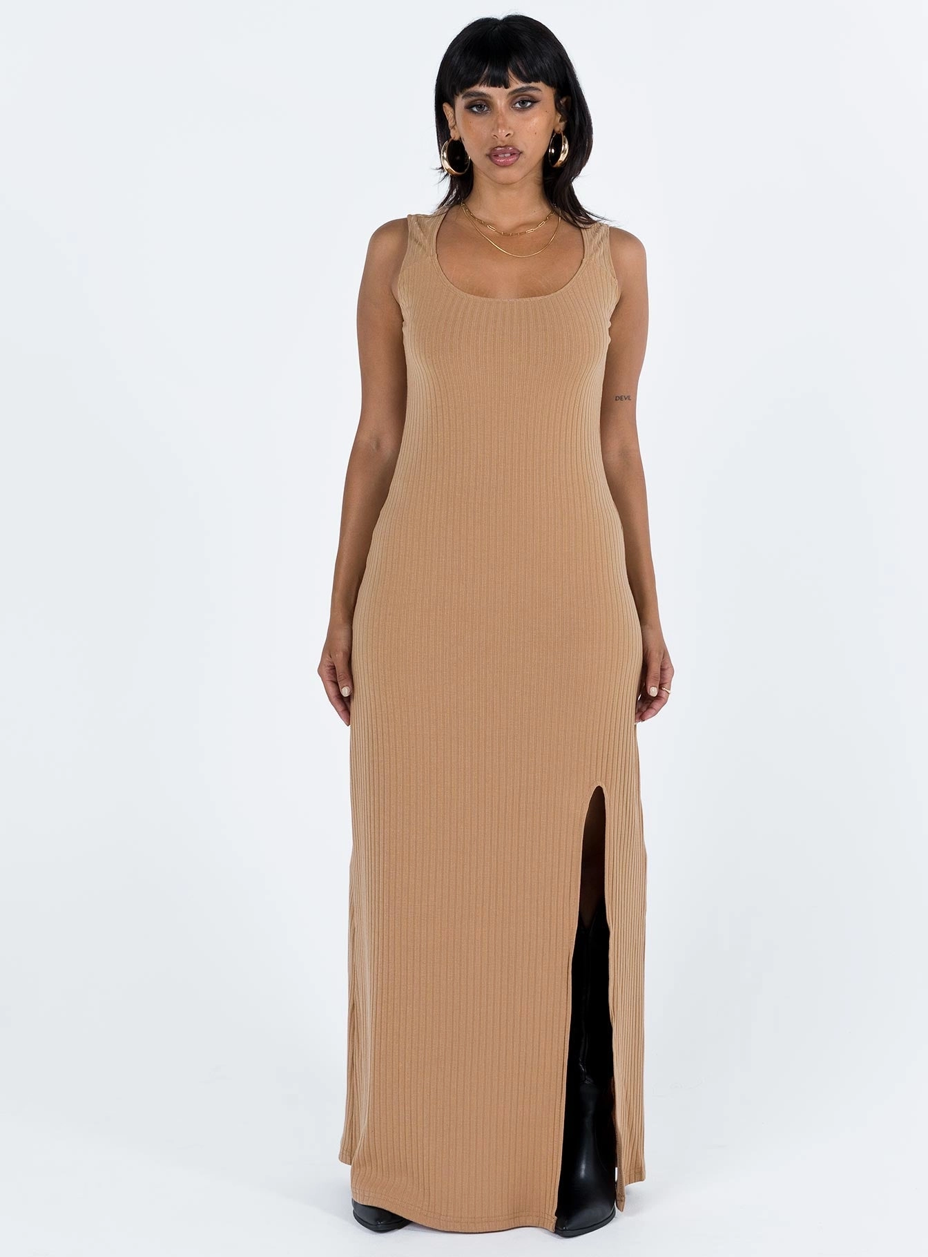 Beaded-Edge Minimal Details Lomandra Slip Maxi Dress Brown