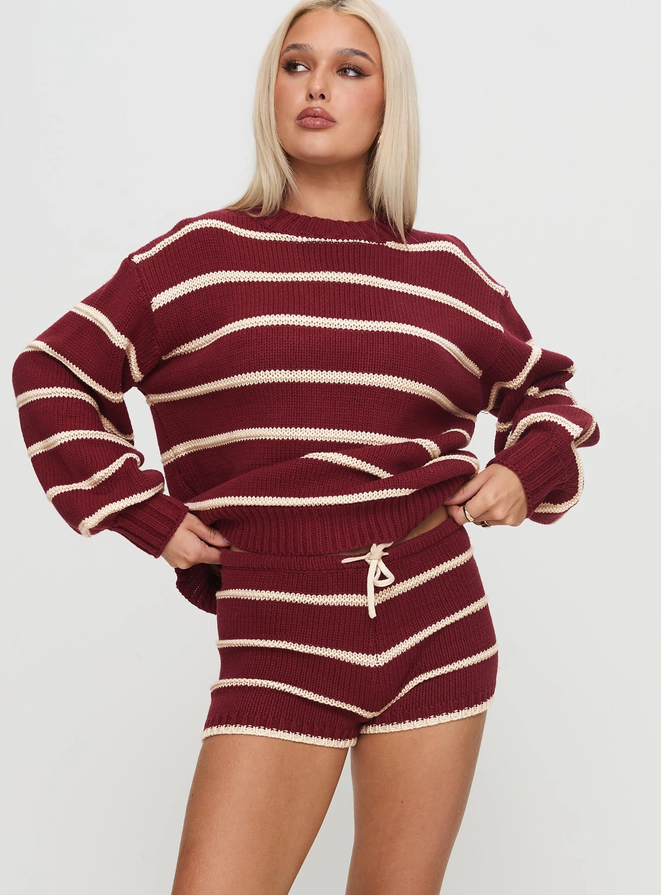 Moisture Management System Casual Ease Read Your Mind Knit Short Maroon Stripe