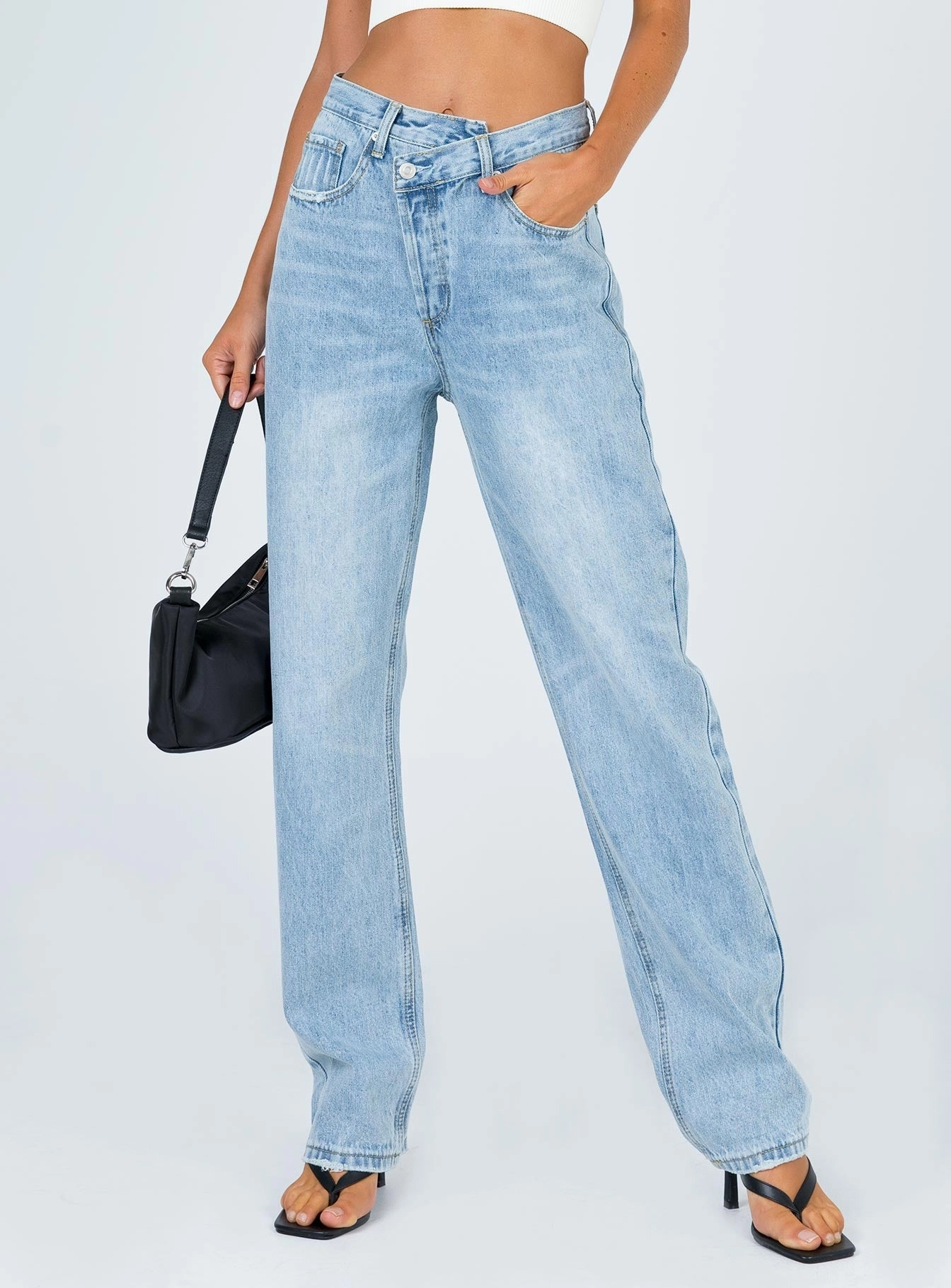 Holly Asymmetric Straight Leg Jean Light Wash Denim Petite Vibrant Trendy
