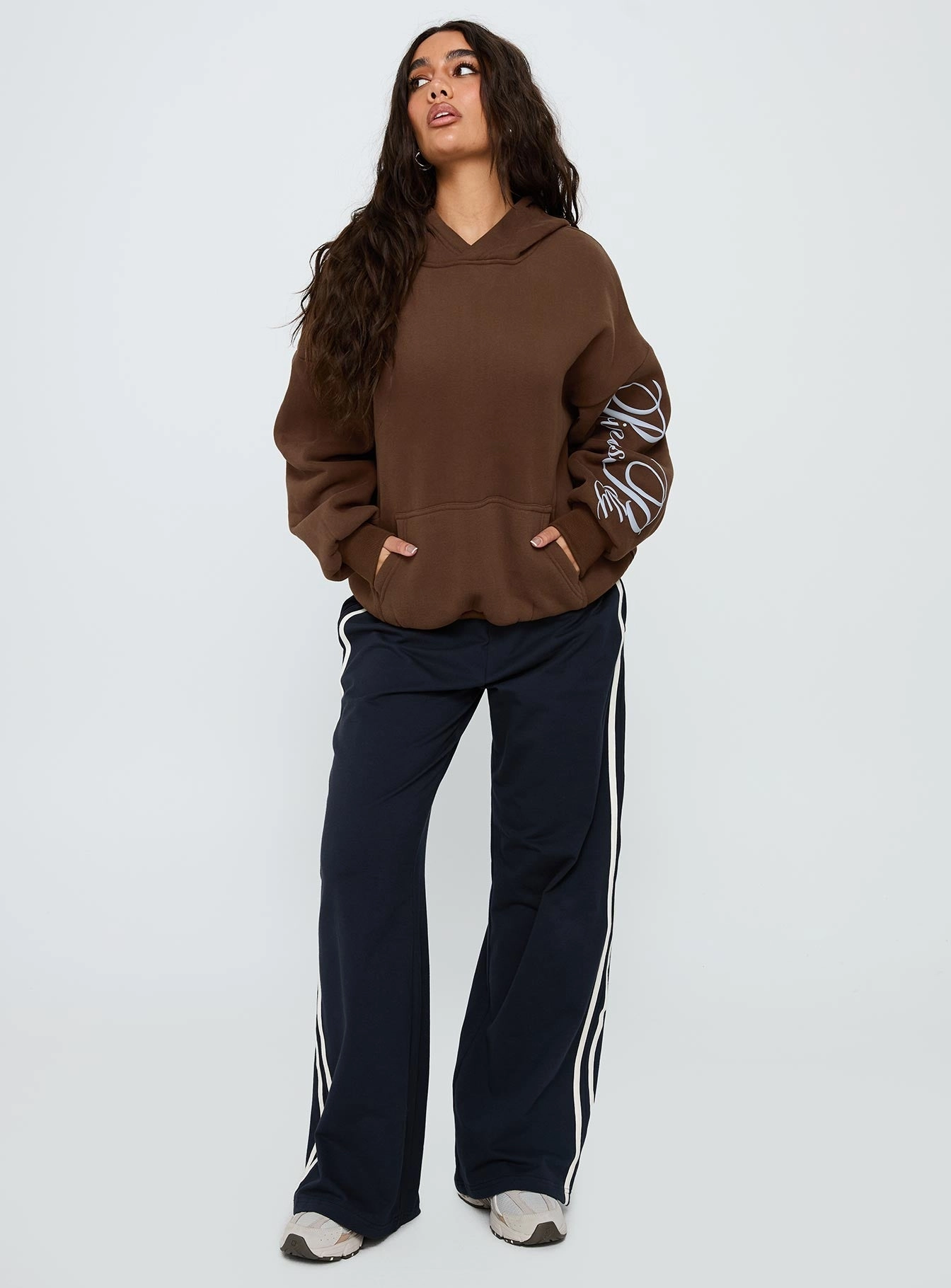 Princess Polly Script Text Graphic Hoodie Brown / Blue Relax Mode Outdoor Motion