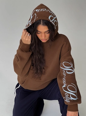 Princess Polly Script Text Graphic Hoodie Brown / Blue All Day Wear Street Feel