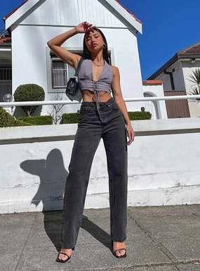 Date Night Sunny Vibes Trend Setter Home Comfort Holly Asymmetric Straight Leg Jean Black Denim