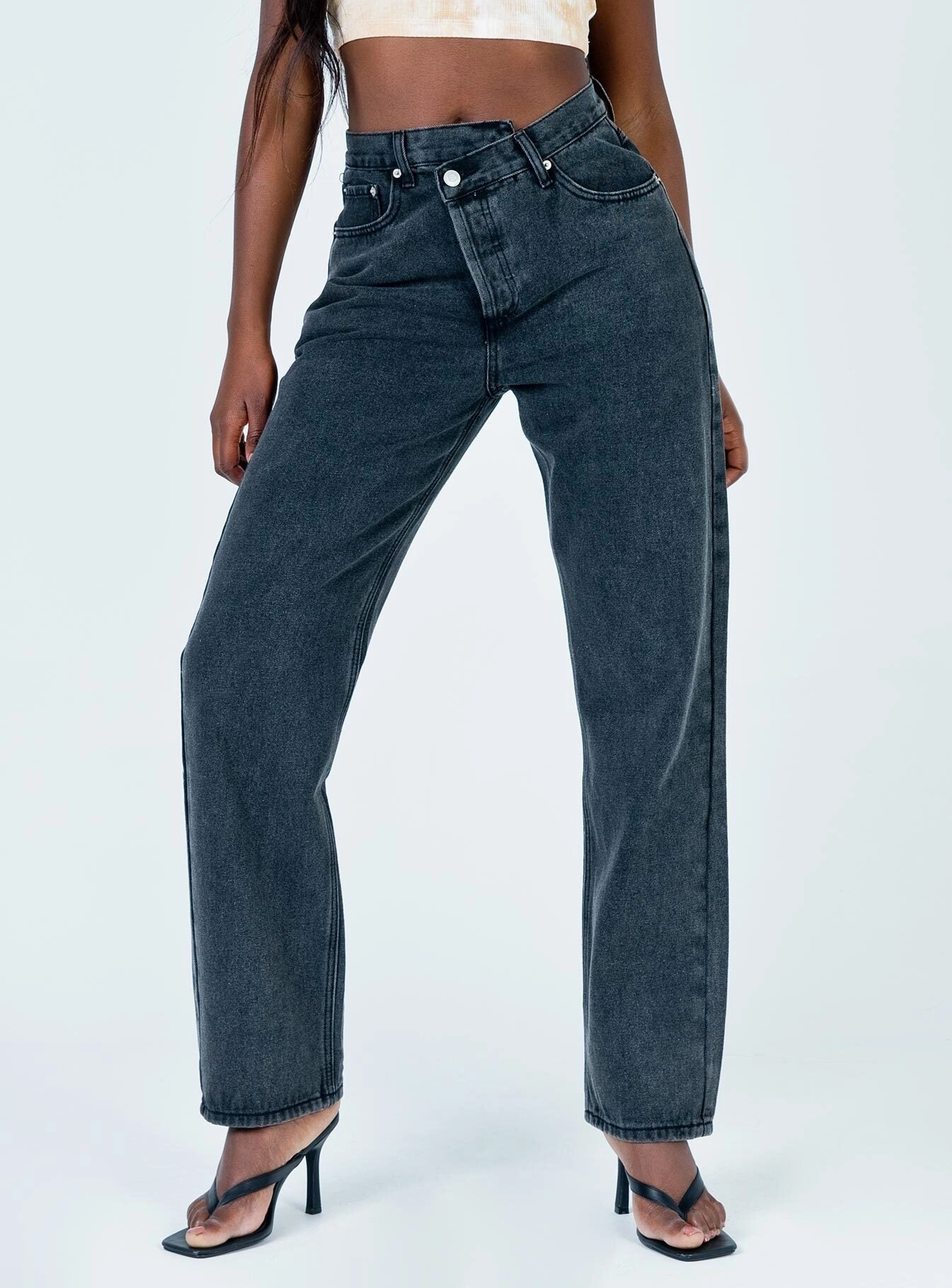 Anti Slip Waistband Holly Asymmetric Straight Leg Jean Black Denim
