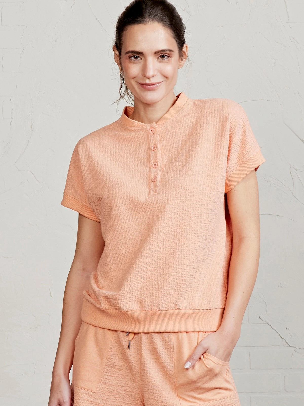 Stylish Cozy Essentials Villa Knit Seersucker Short Sleeve Henley