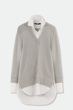 Comfortable Layer Warm Layers VINNIE SHIRTED V-NECK SWEATER IN FINE ITALIAN STRETCH POPLIN | IN STORE ONLY