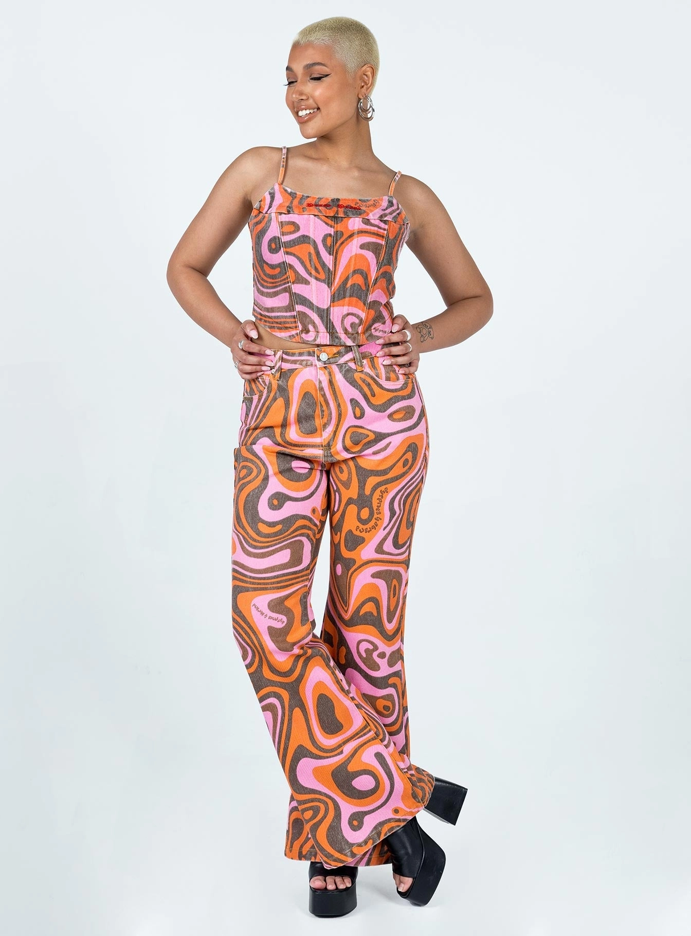 Abrand Double Oh Flare Print Jeans Multi Relaxed Cut