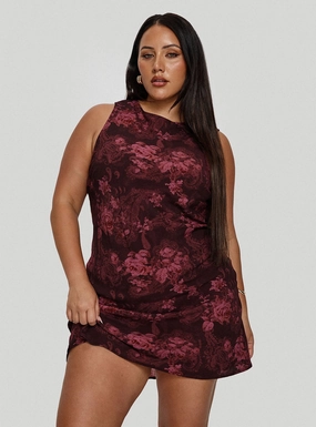Bold Look Mesh-Sleeve Vivre Mini Dress Burgundy Paisley Curve