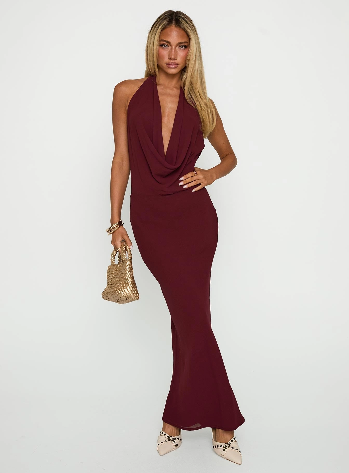 Vortexa Halter Maxi Dress Currant Bold Fashion Festival-Ready