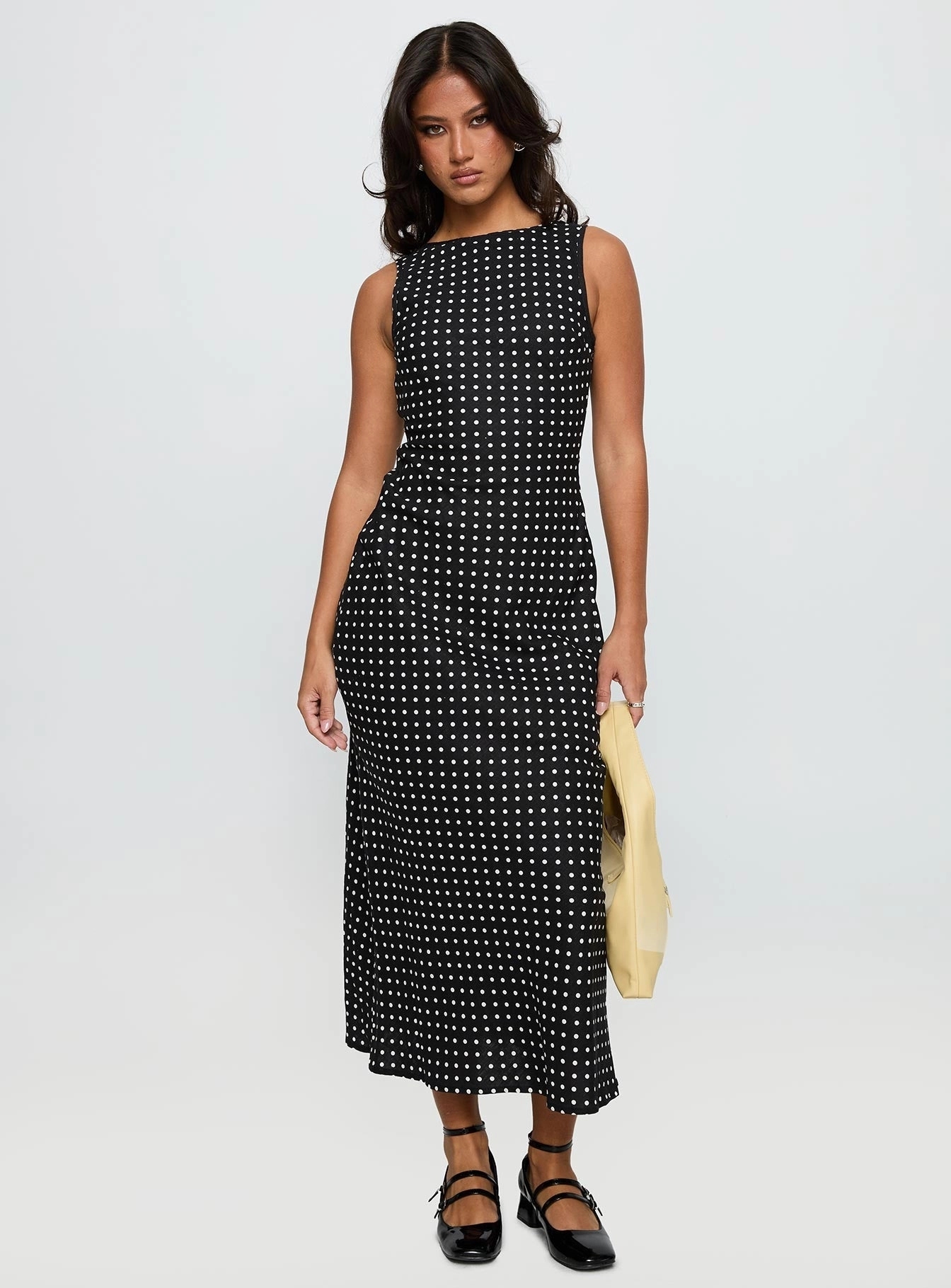 Voyager Linen Blend Midi Dress Black Polka Elegant Fabric
