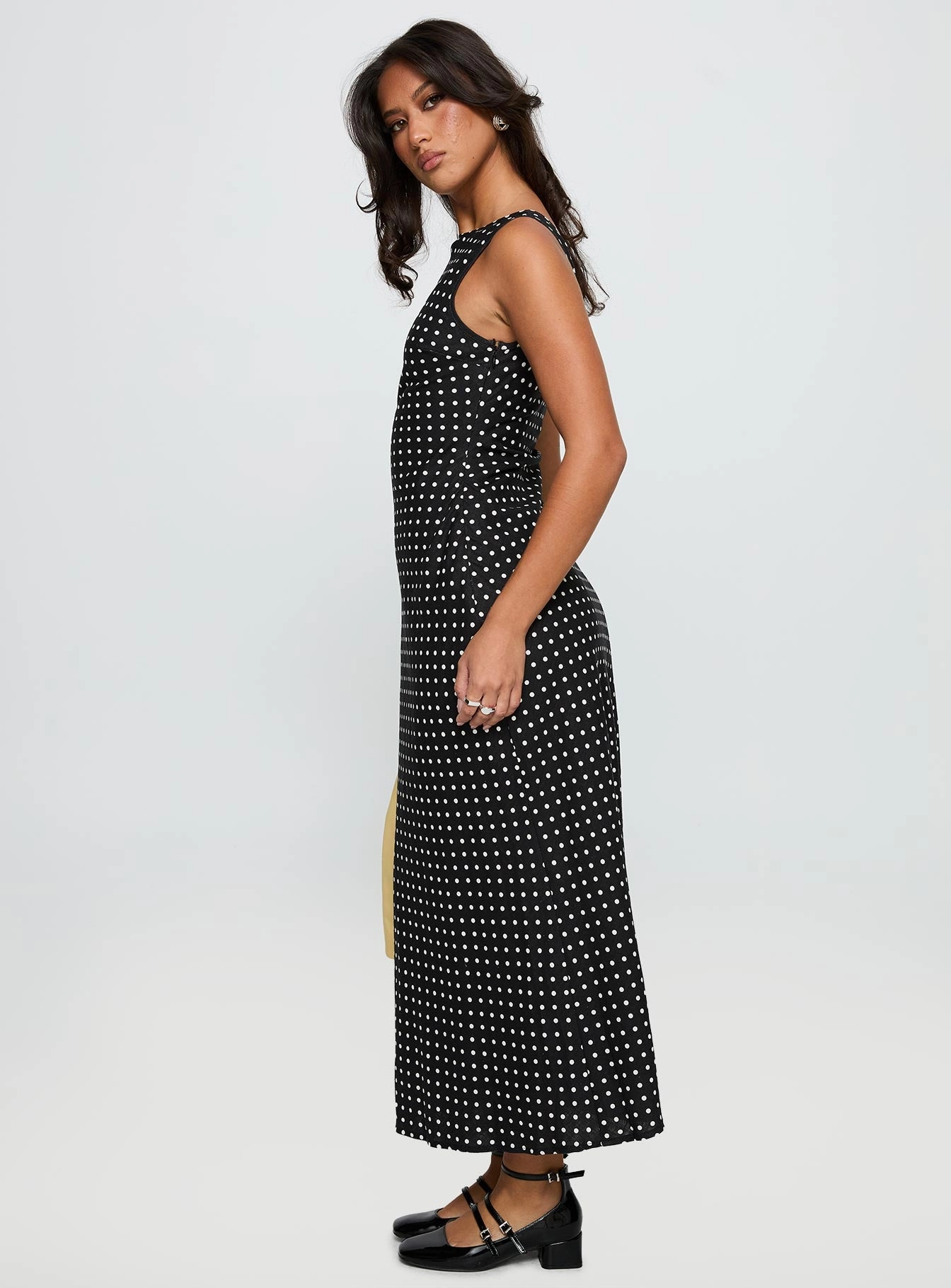 soft fit Voyager Linen Blend Midi Dress Black Polka