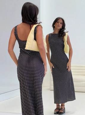 Voyager Linen Blend Midi Dress Black Polka Layering-Piece