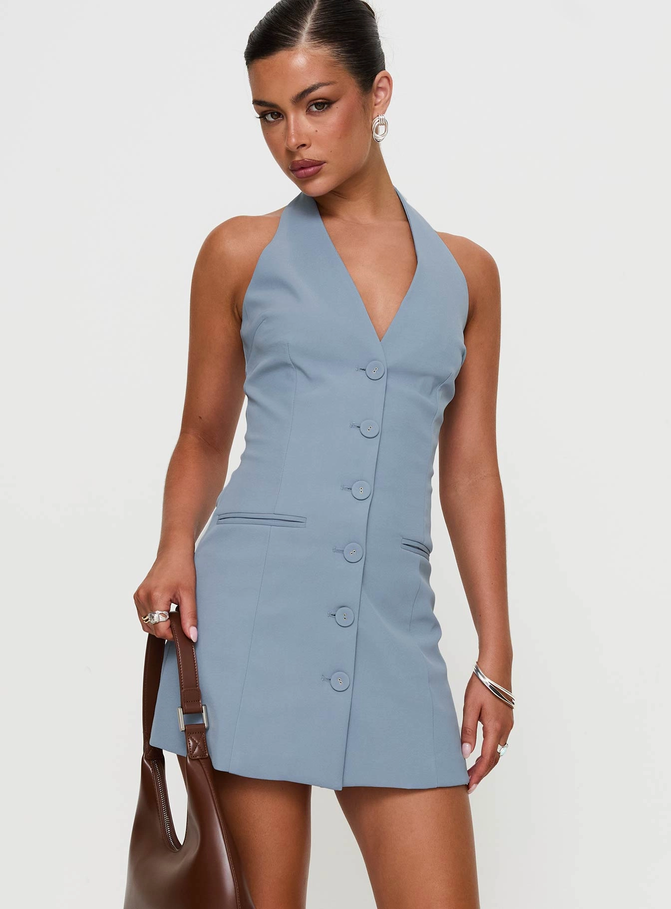 Calm Beauty Panelled-Design Vyxen Halter Mini Dress Blue