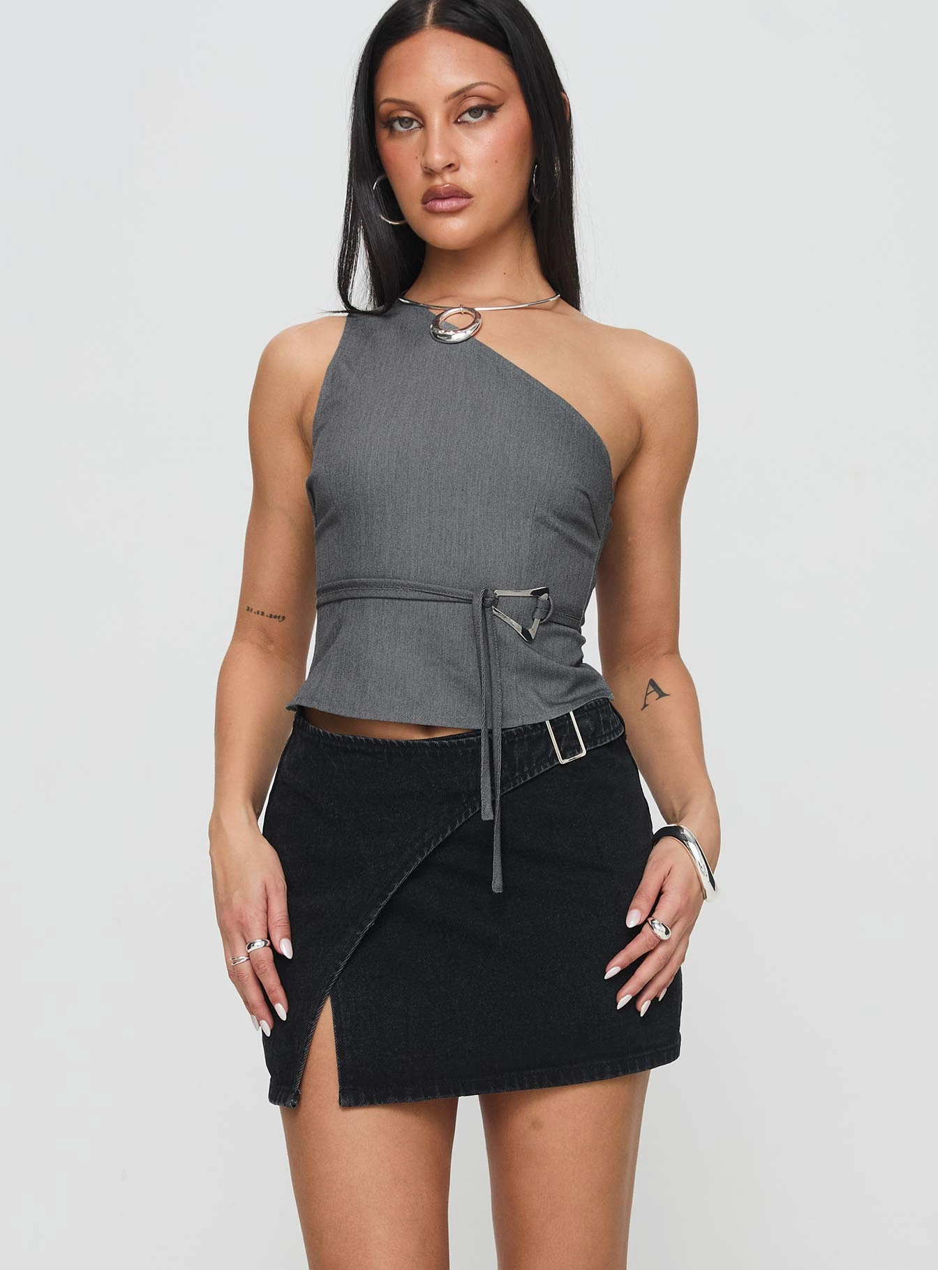 investment piece Wait Up Denim Wrap Mini Skirt Washed Black