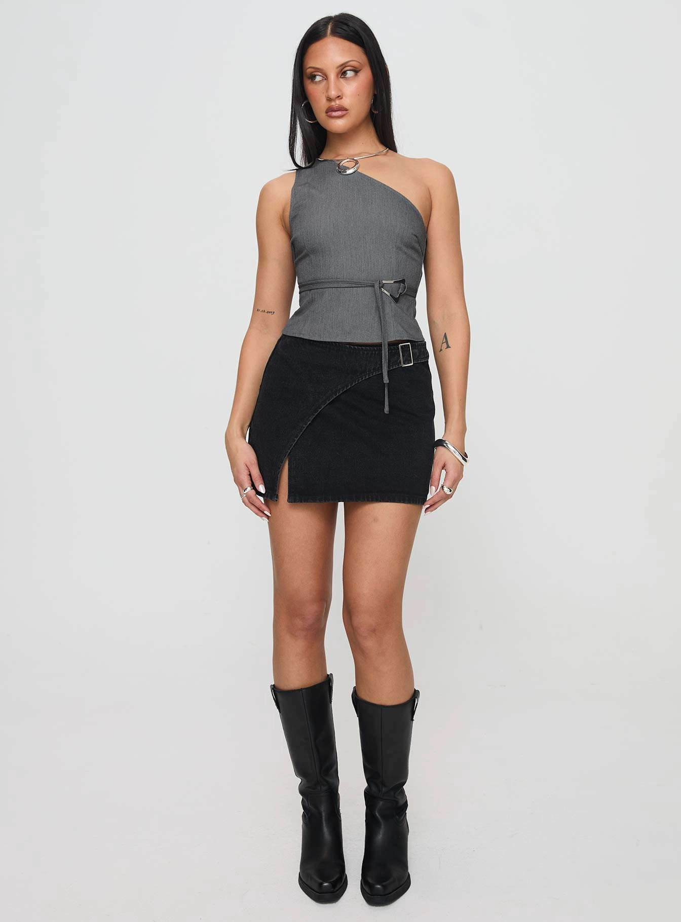 All Season Wear Fresh Detail Wait Up Denim Wrap Mini Skirt Washed Black