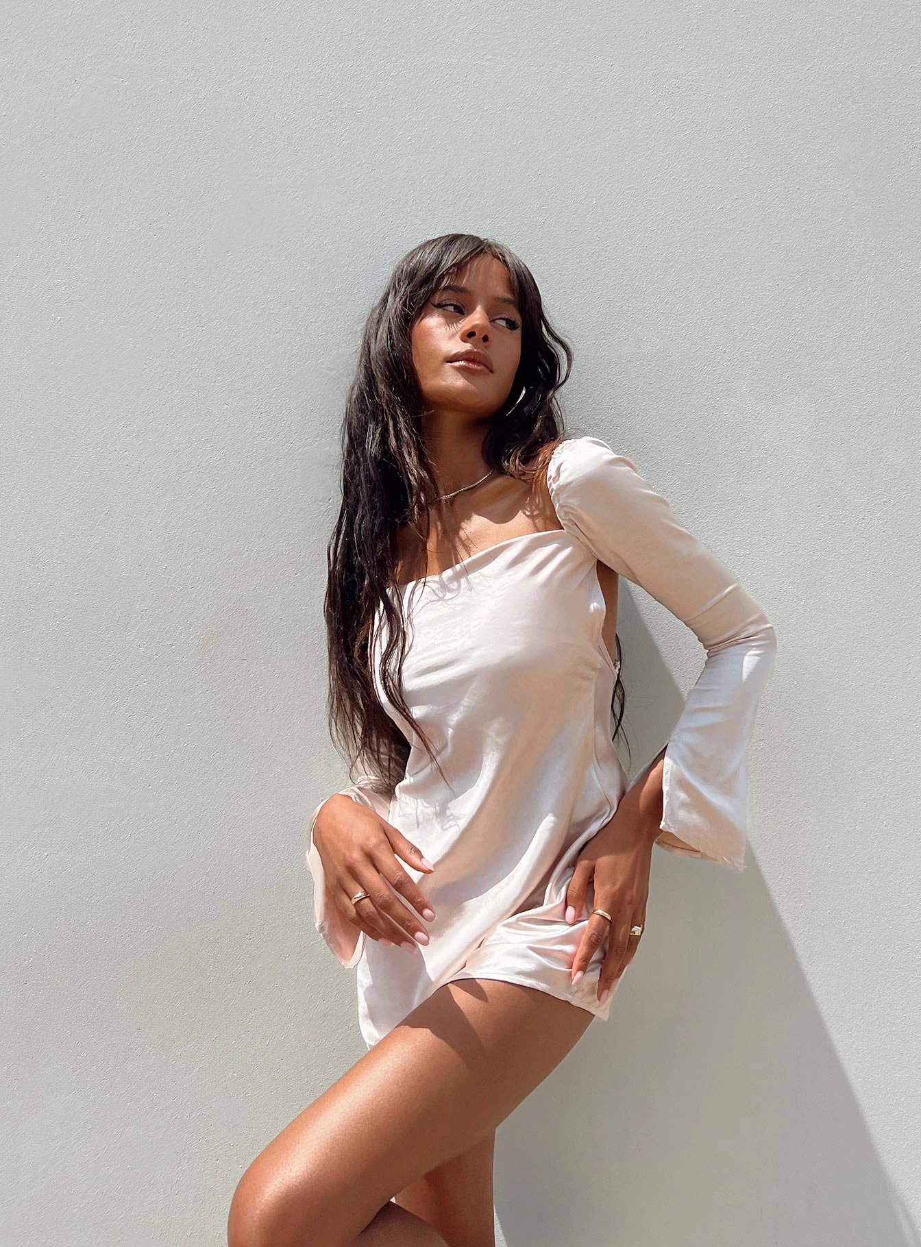Vintage-Inspired Body Fit Wallum Long Sleeve Mini Dress Champagne