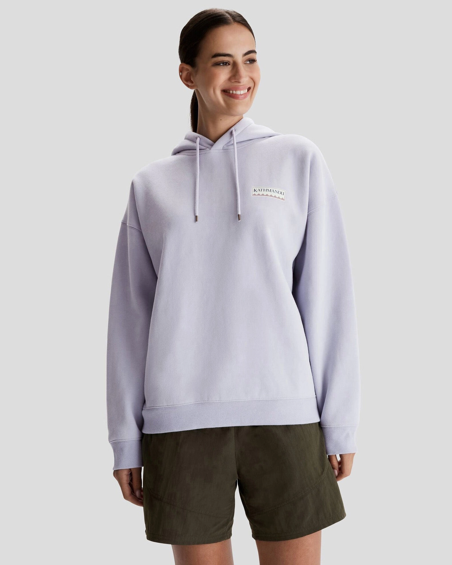 Soft and Stylish Women's Kathmandu Heritage Logo Slouchy Hoodie - Dusty Lilac